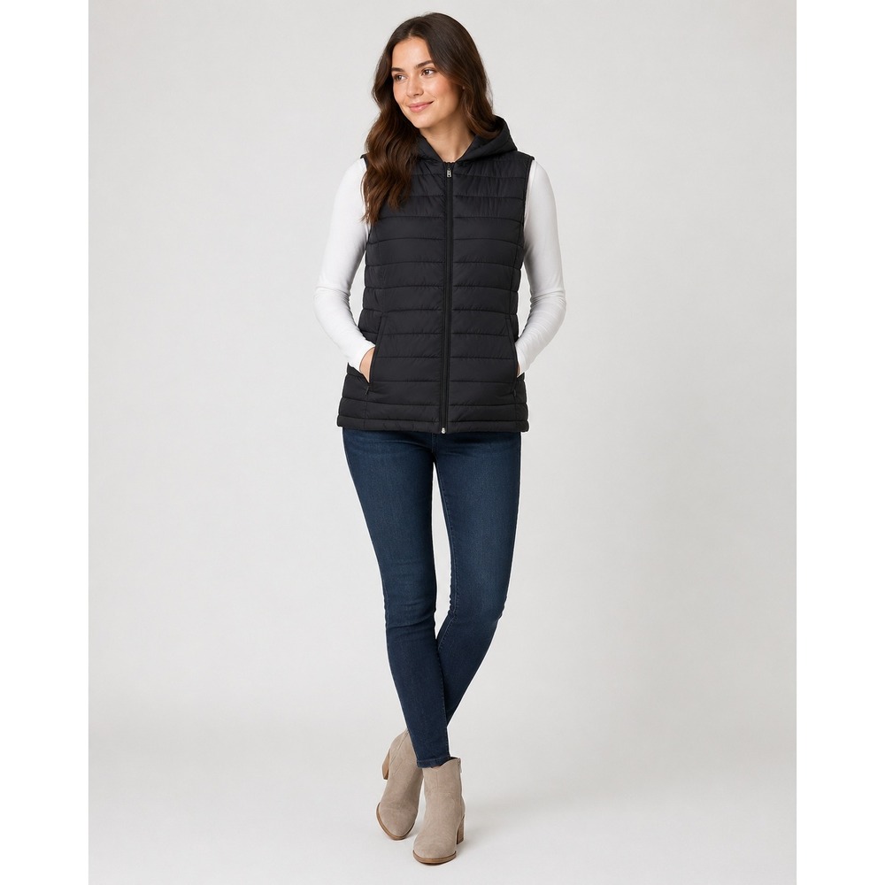 Swiss Tech Hooded Puffer Vest Full Zip Womens XL Black Elastic Waist